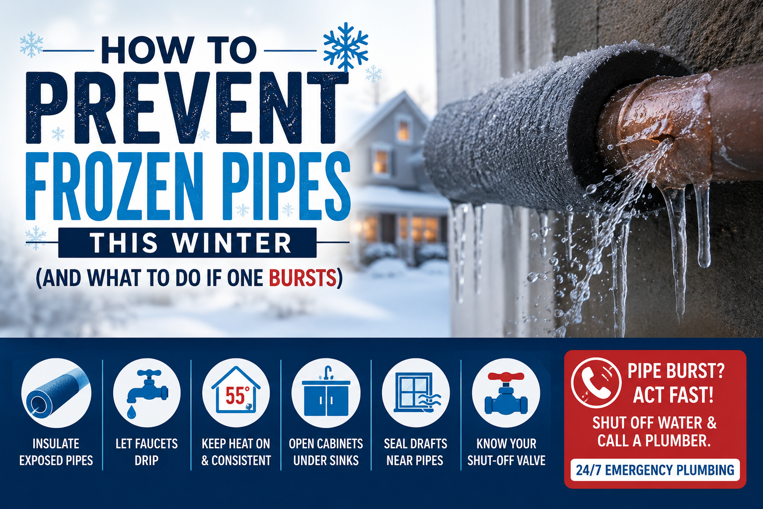 How to prevent frozen pipes in winter and what to do if a pipe bursts.