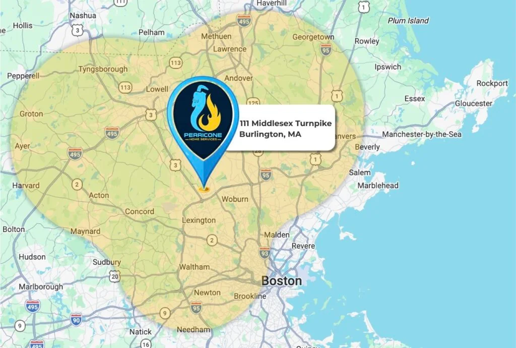 Perricone Home Services coverage map across Reading, MA